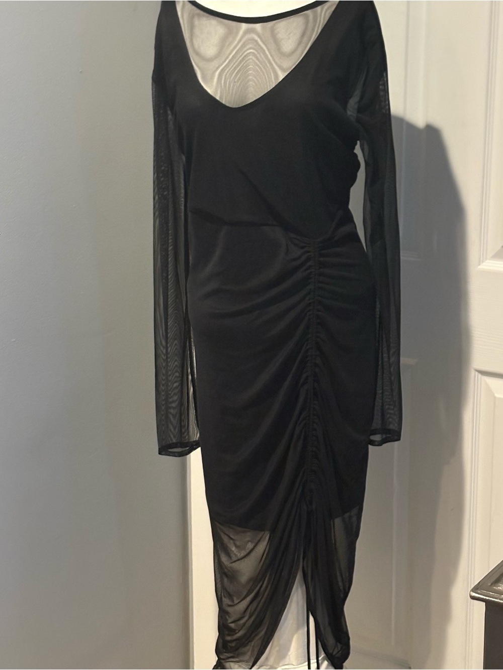 BEBE Long Sleeve Black Mesh Ruched Dress -NWT S/XL